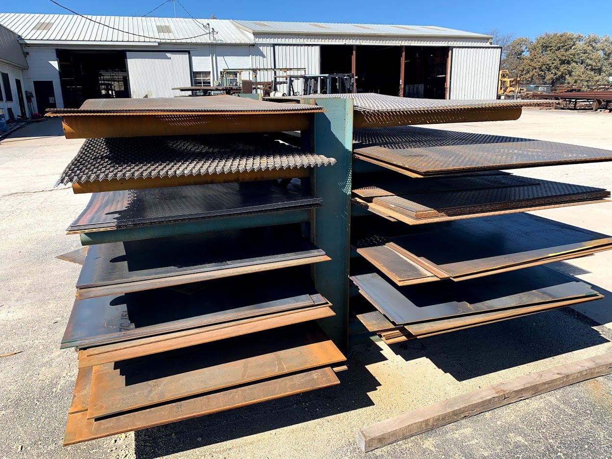 Steel plate and checker plate rack at Riggs Machine & Welding in Stephenville, TX — multiple thicknesses in stock
